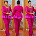 Elegant Fuchsia Pearl-Embellished 2-Piece Suit – Tiered Peplum Top & Trousers