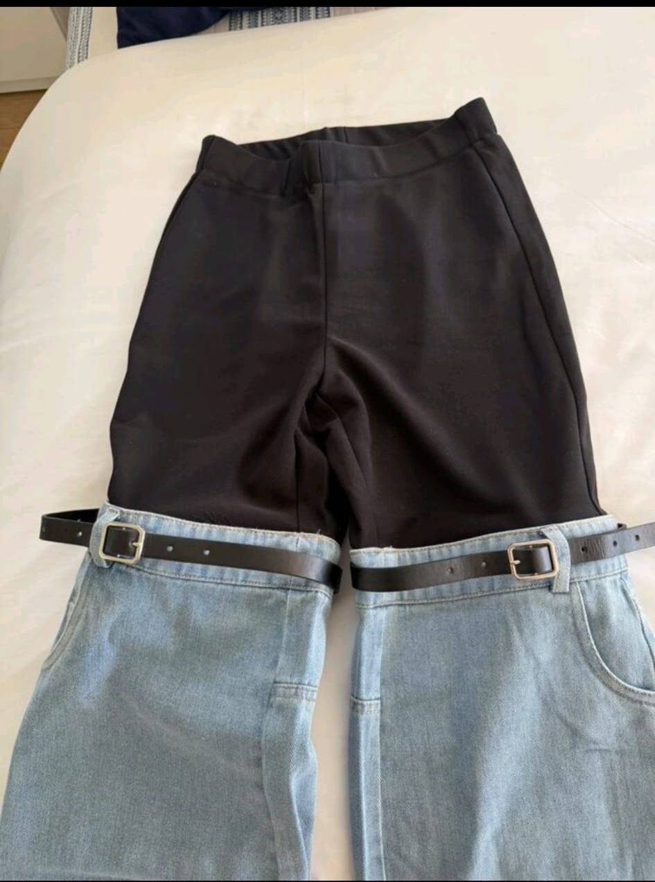Two-Tone Buckled Thigh Wide-Leg Jeans