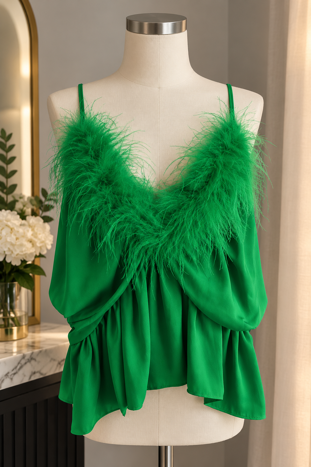 Emerald Feather Trim Cami Blouse