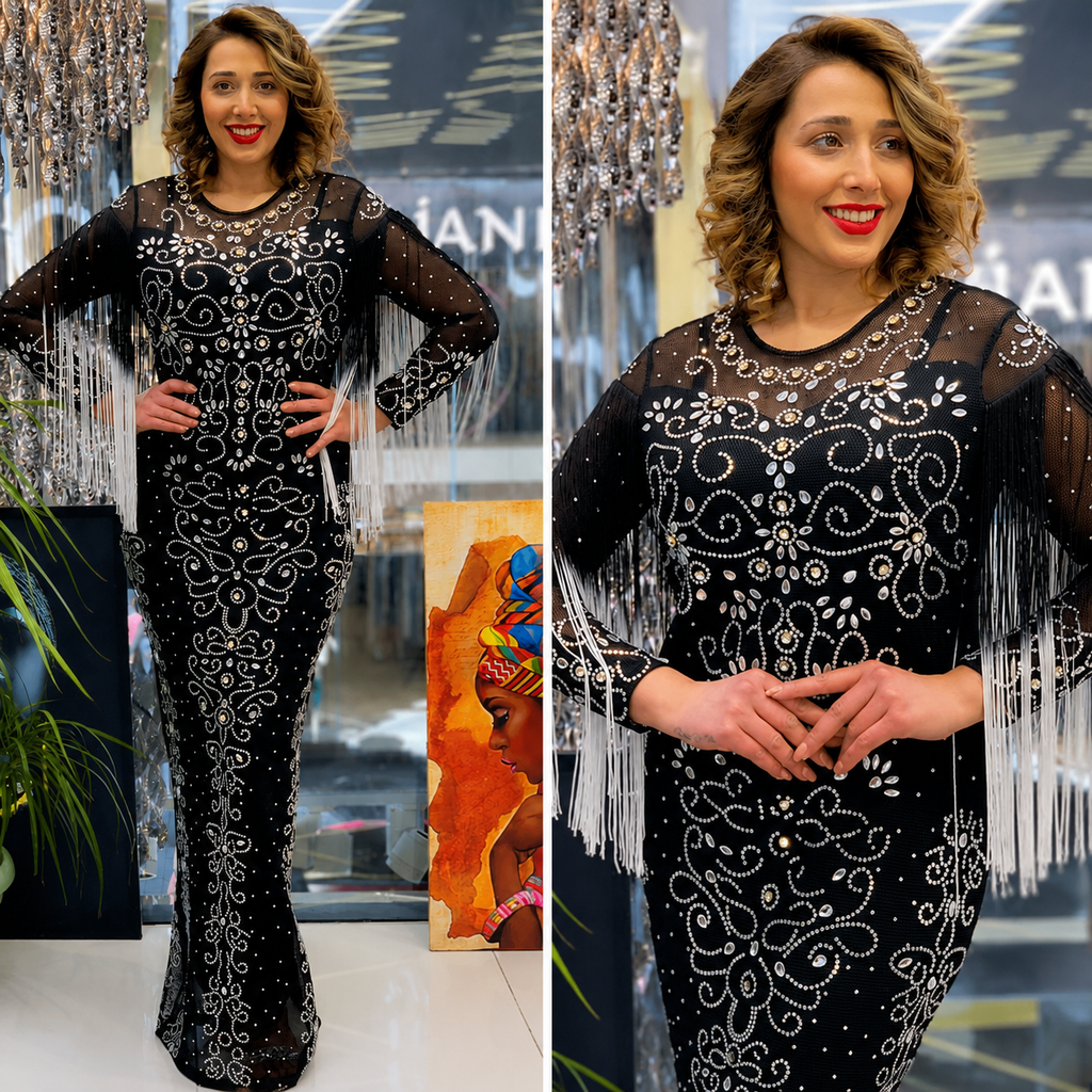 Elegant Rhinestone Fringe Evening Gown