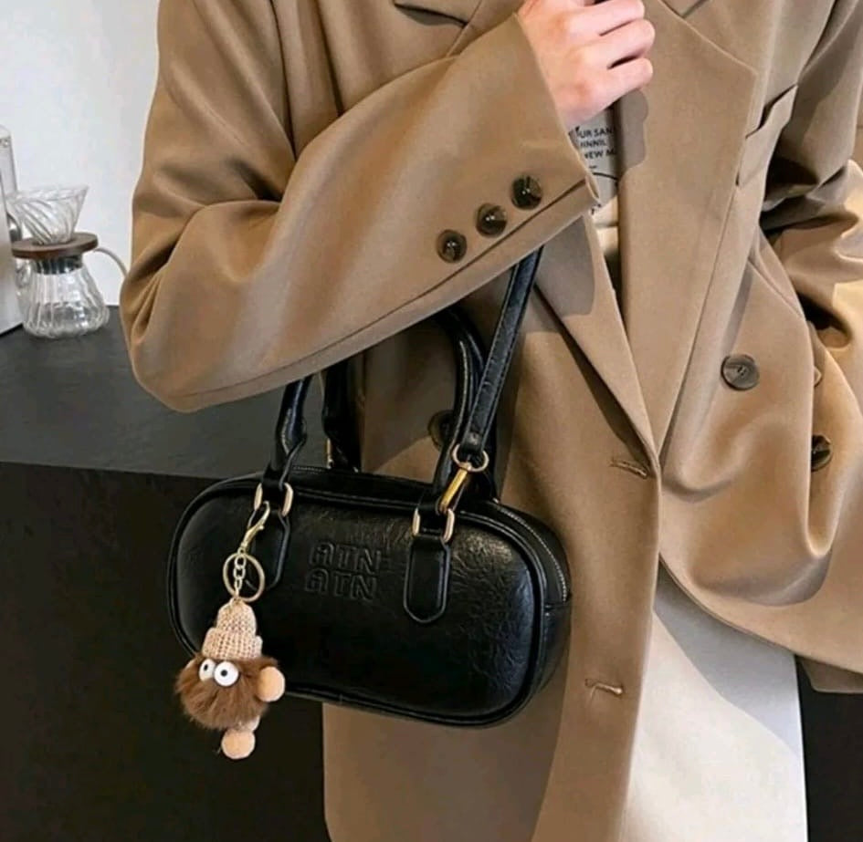 Retro Chic Barrel Crossbody Bag with Cute Fuzz-Monster Bag Charm