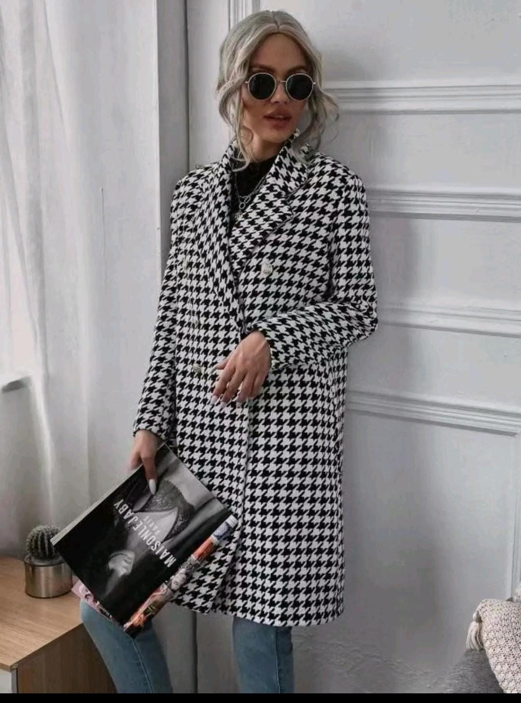 Chic Houndstooth Double-Breasted Longline Trench Coat
