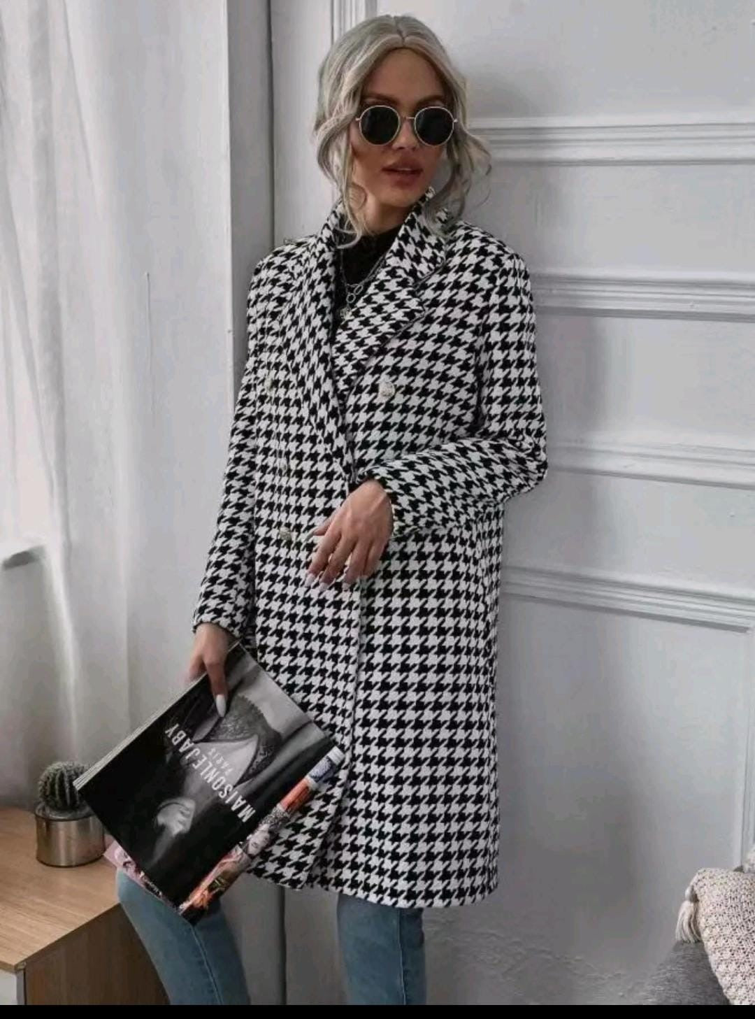 Chic Houndstooth Double-Breasted Longline Trench Coat