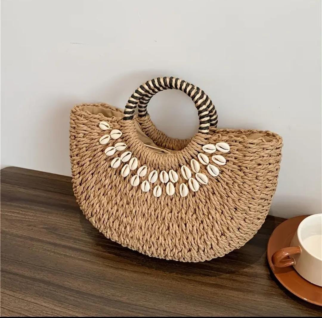 Boho Cowrie Shell Woven Straw Tote Bag