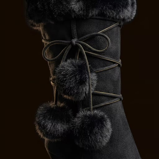 Black Faux Fur Lace-Up Heeled Boots