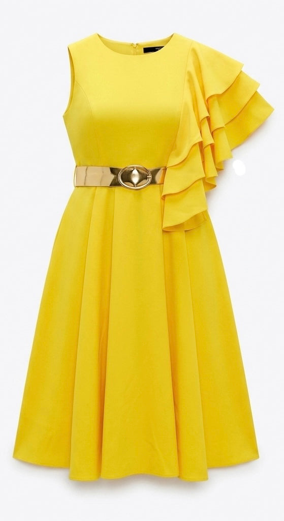 RUFFLED ONE-SHOULDER MIDI DRESS WITH BELT