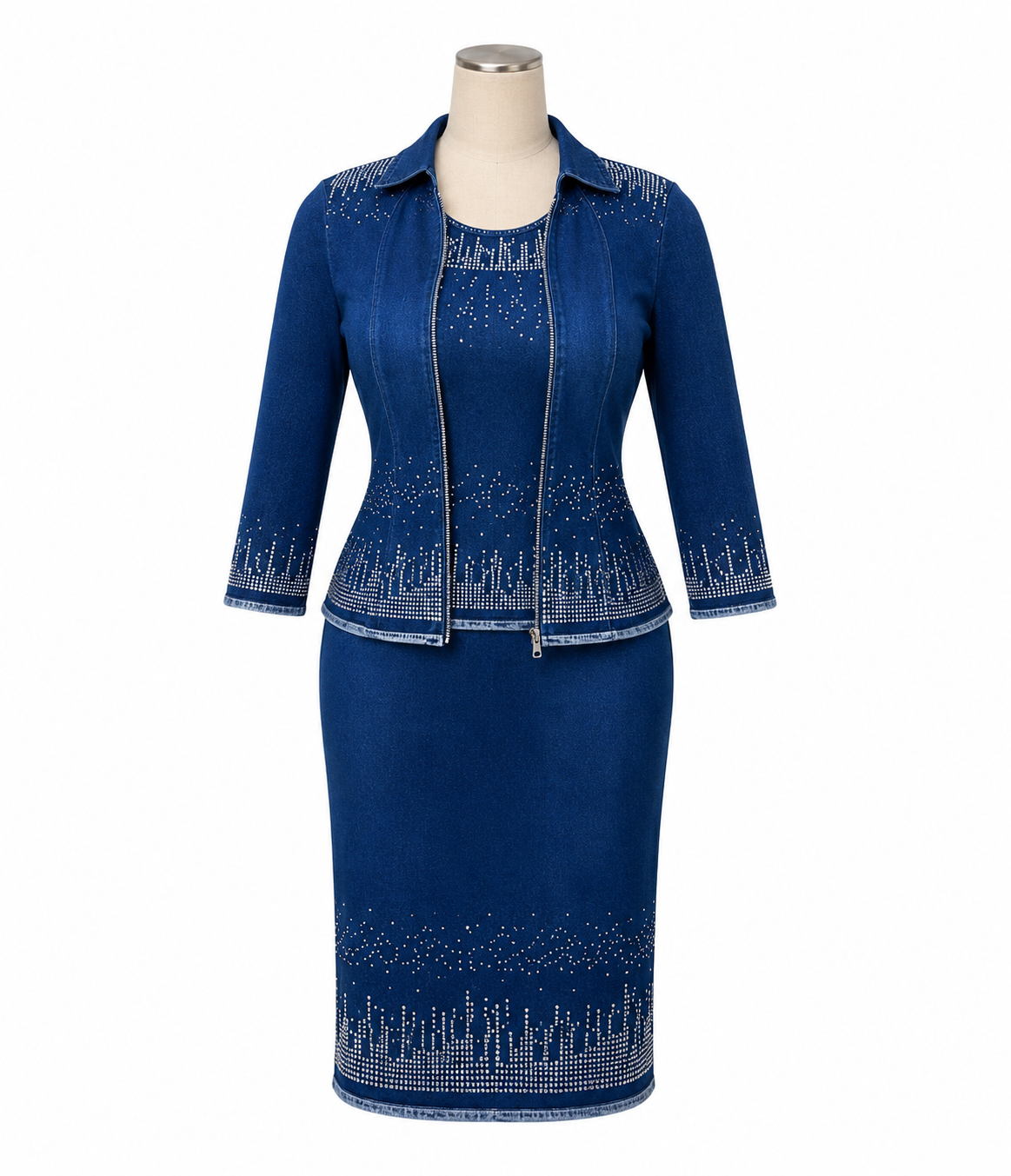 Stunning 2-Piece Rhinestone Denim Dress Set – Sleeveless Midi Dress & Matching Crop Jacket