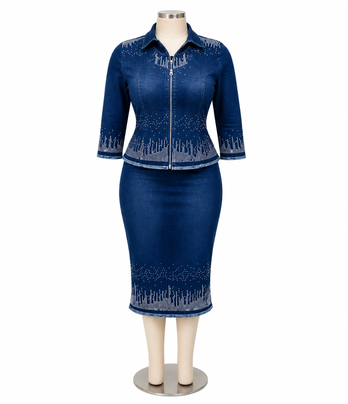 Stunning 2-Piece Rhinestone Denim Dress Set – Sleeveless Midi Dress & Matching Crop Jacket