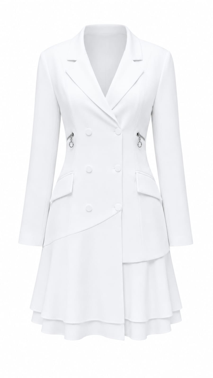 Double-Breasted Ruffle-Hem Blazer Dress – White