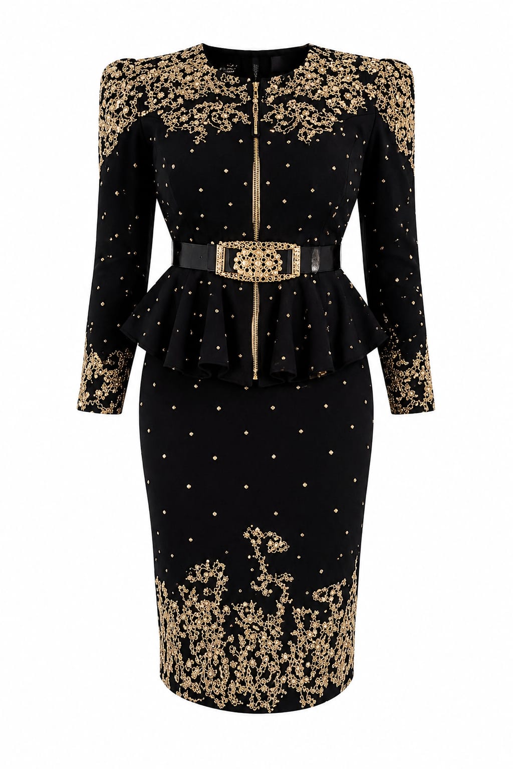 Black & Gold Embellished Peplum Dress