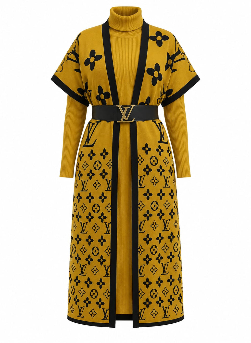 2-Piece Turtle Neck Monogram Knit Dress & Cardigan Set (No Belt.)