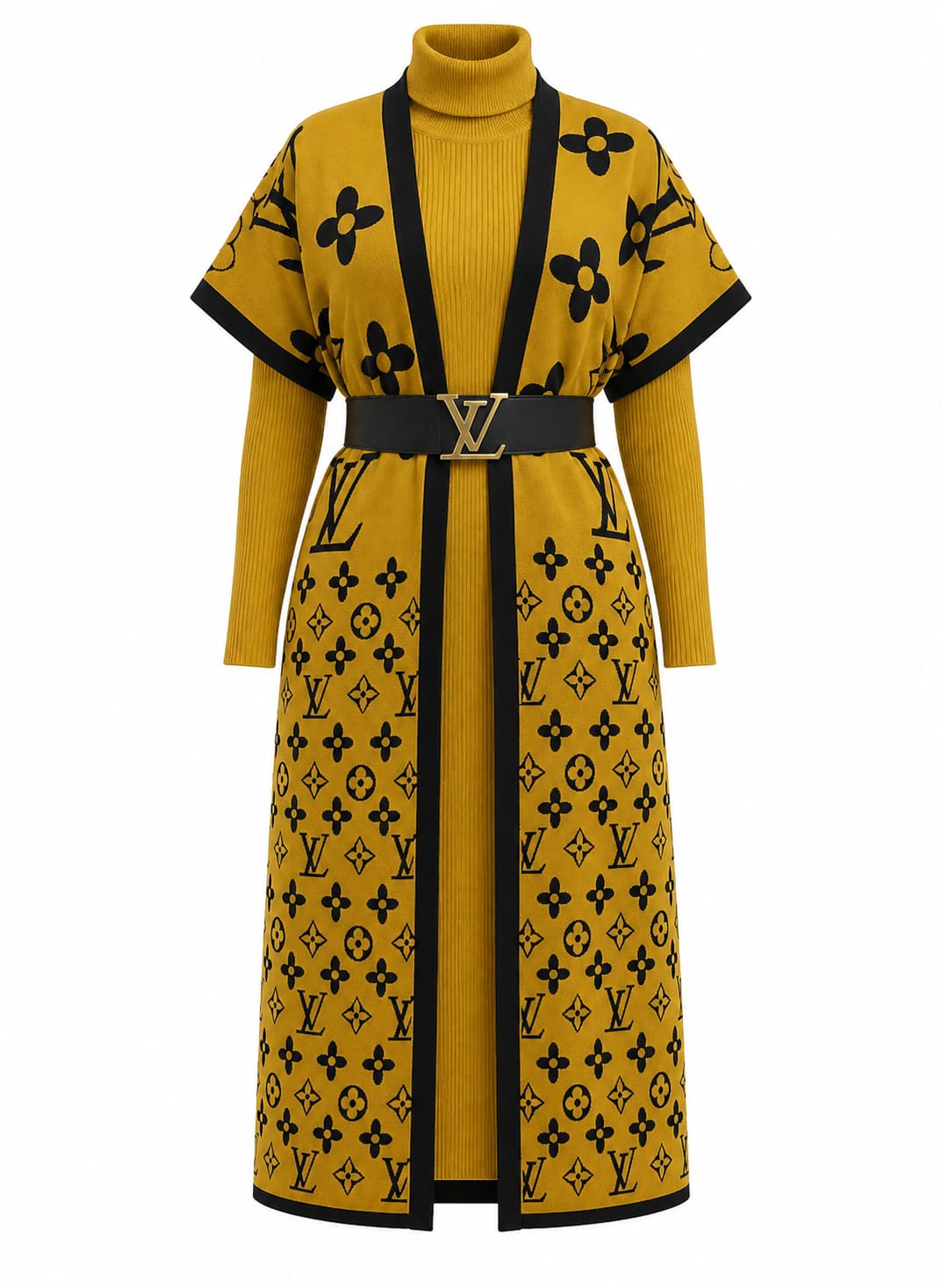 2-Piece Turtle Neck Monogram Knit Dress & Cardigan Set (No Belt.)