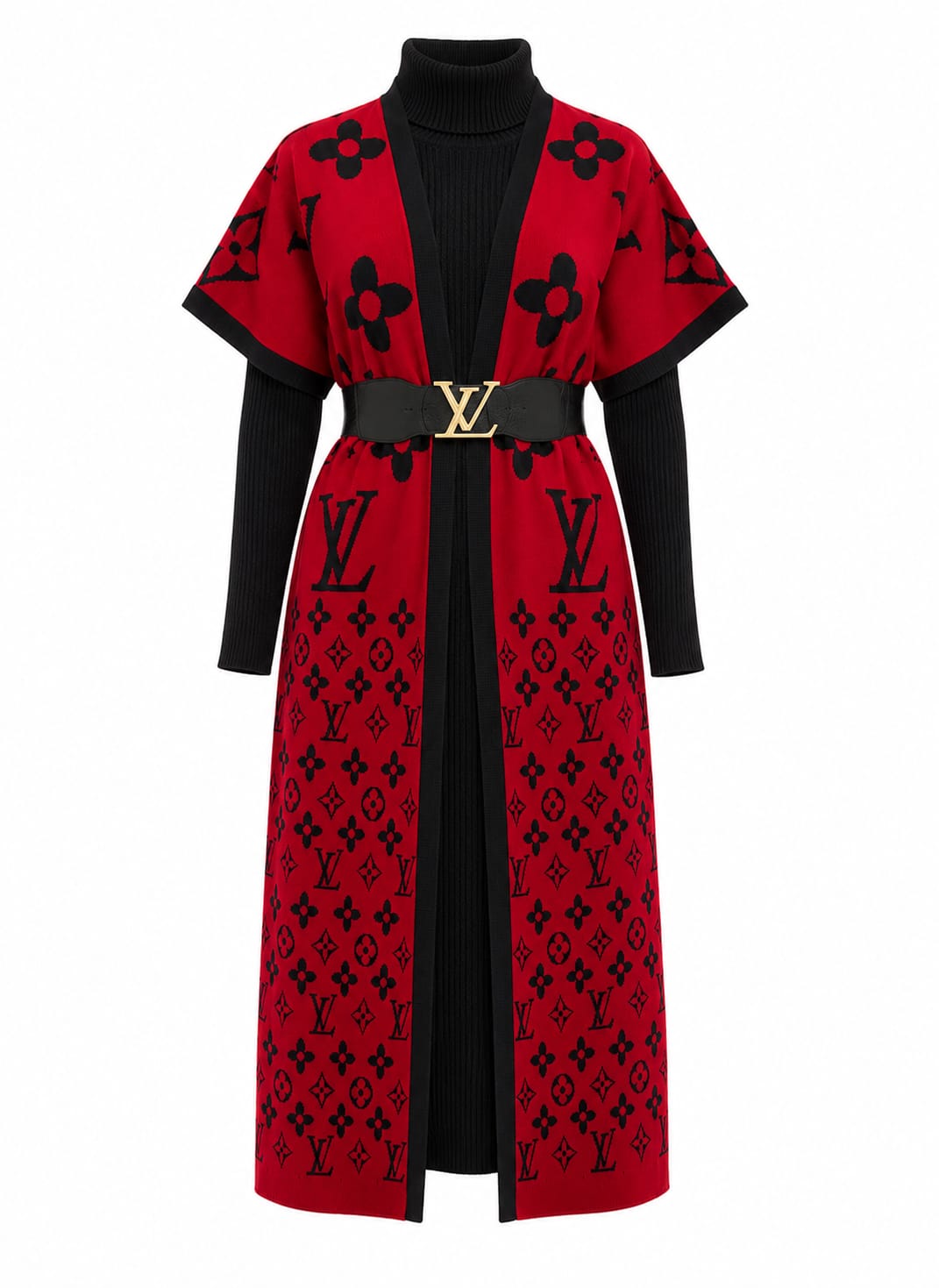 2-Piece Turtle Neck Monogram Knit Dress & Cardigan Set (No Belt.)