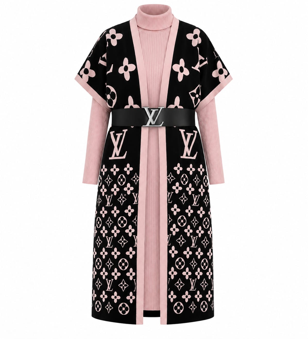 2-Piece Turtle Neck Monogram Knit Dress & Cardigan Set (No Belt.)