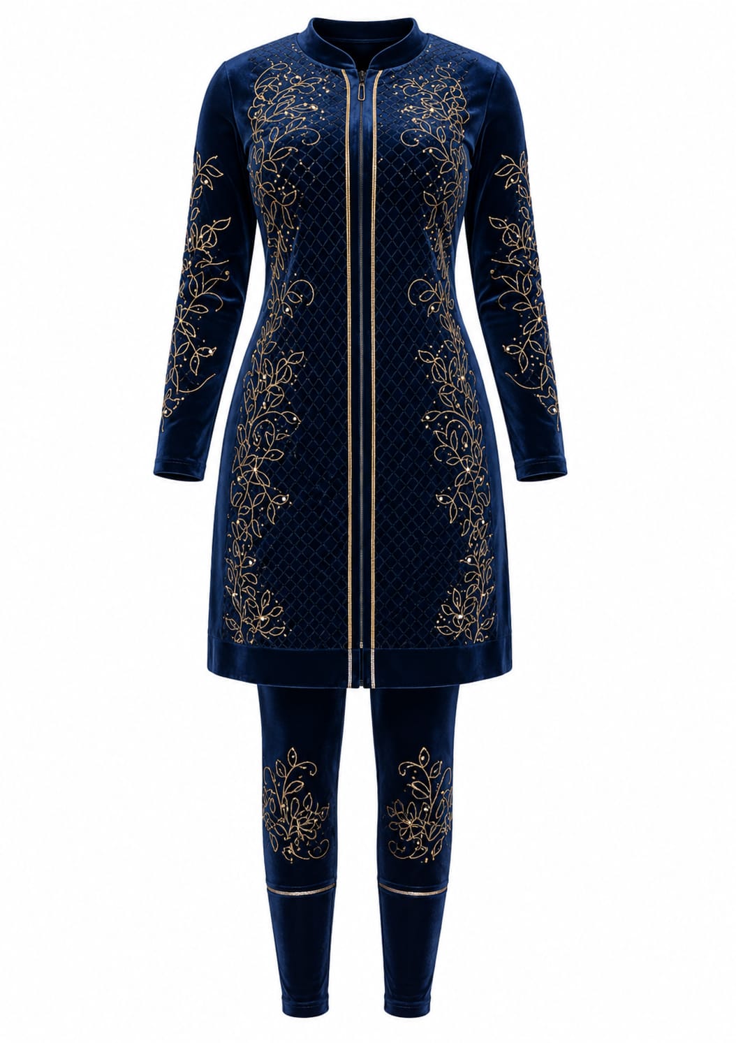 Royal Blue Embellished Velvet Tunic & Trousers Set