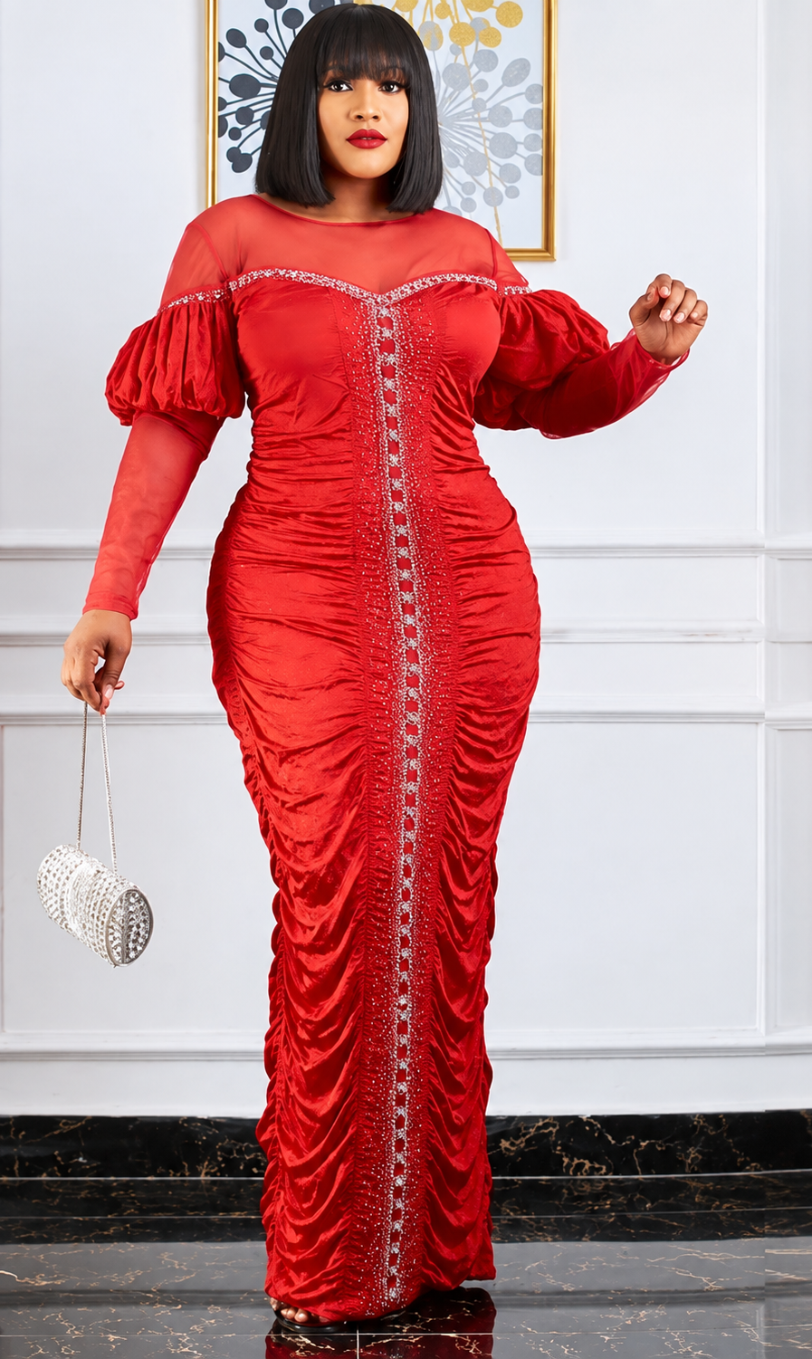 Scarlet Rhinestone Ruched Maxi Gown – Elegant Cold-Shoulder Evening Dress