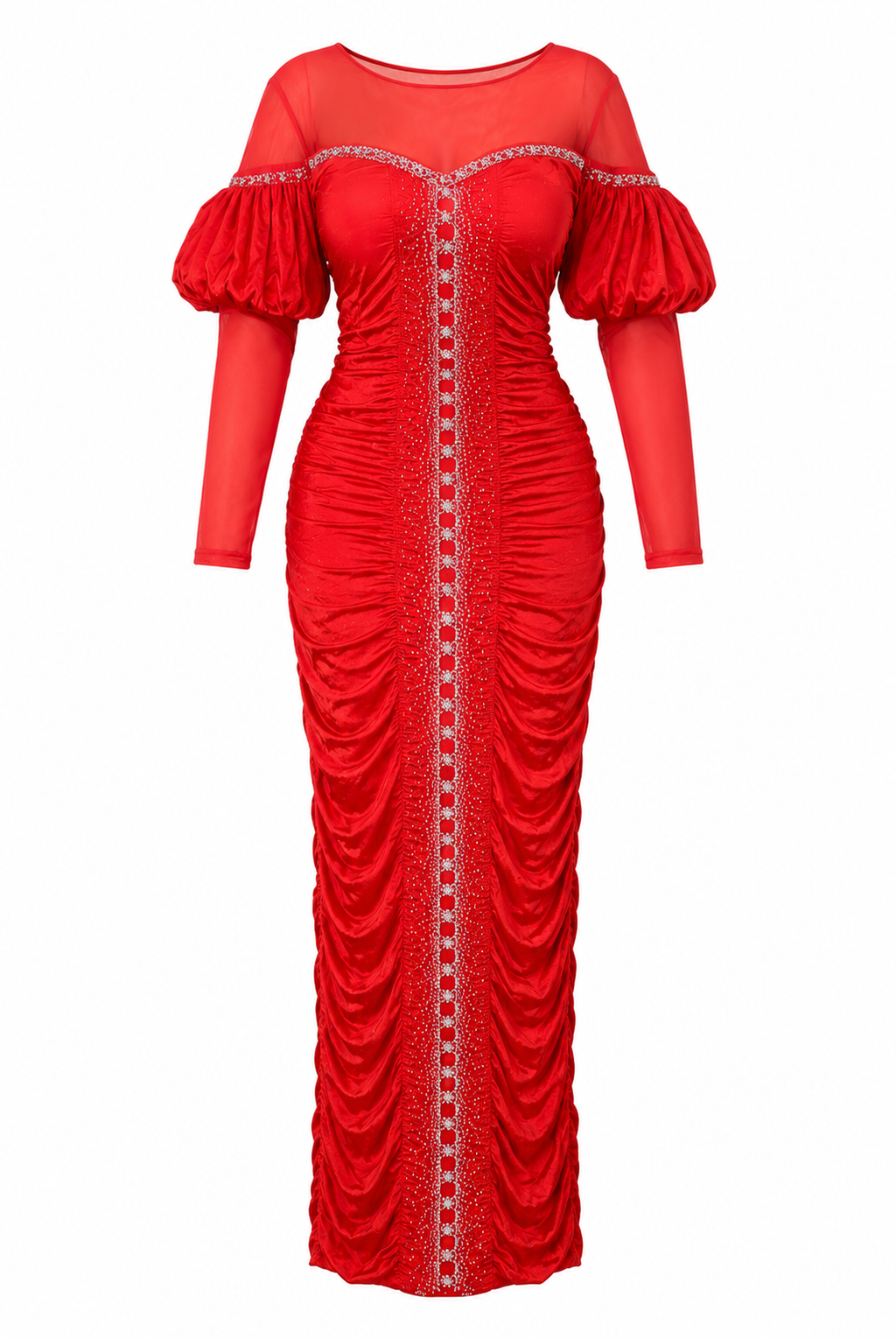 Scarlet Rhinestone Ruched Maxi Gown – Elegant Cold-Shoulder Evening Dress