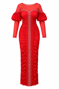 Scarlet Rhinestone Ruched Maxi Gown – Elegant Cold-Shoulder Evening Dress