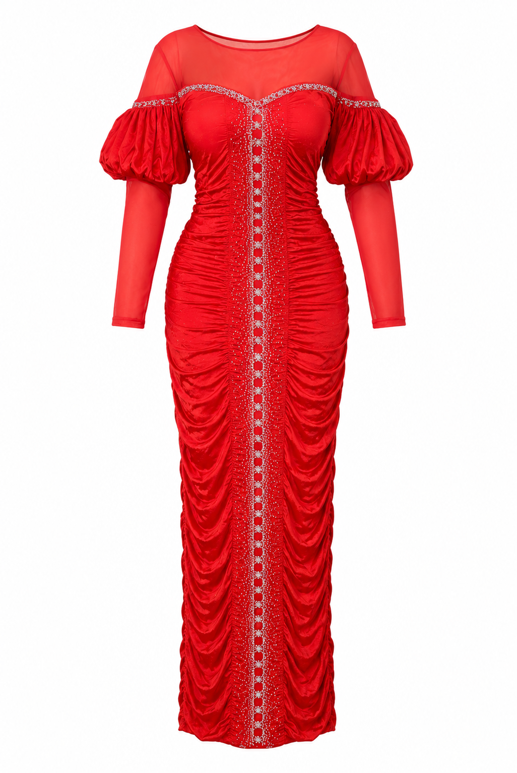 Scarlet Rhinestone Ruched Maxi Gown – Elegant Cold-Shoulder Evening Dress