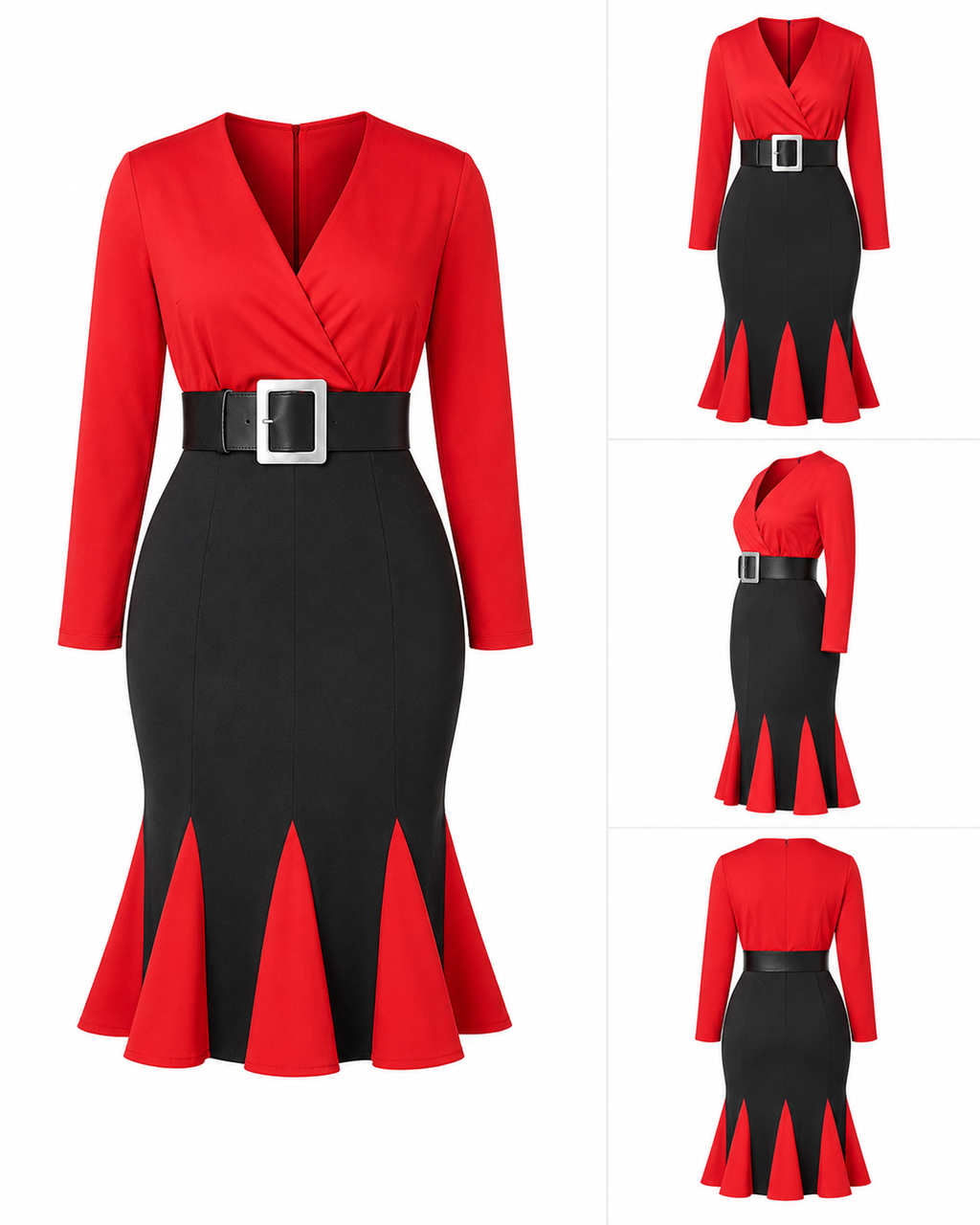 Two-Tone Colorblock Mermaid Dress – Red & Black