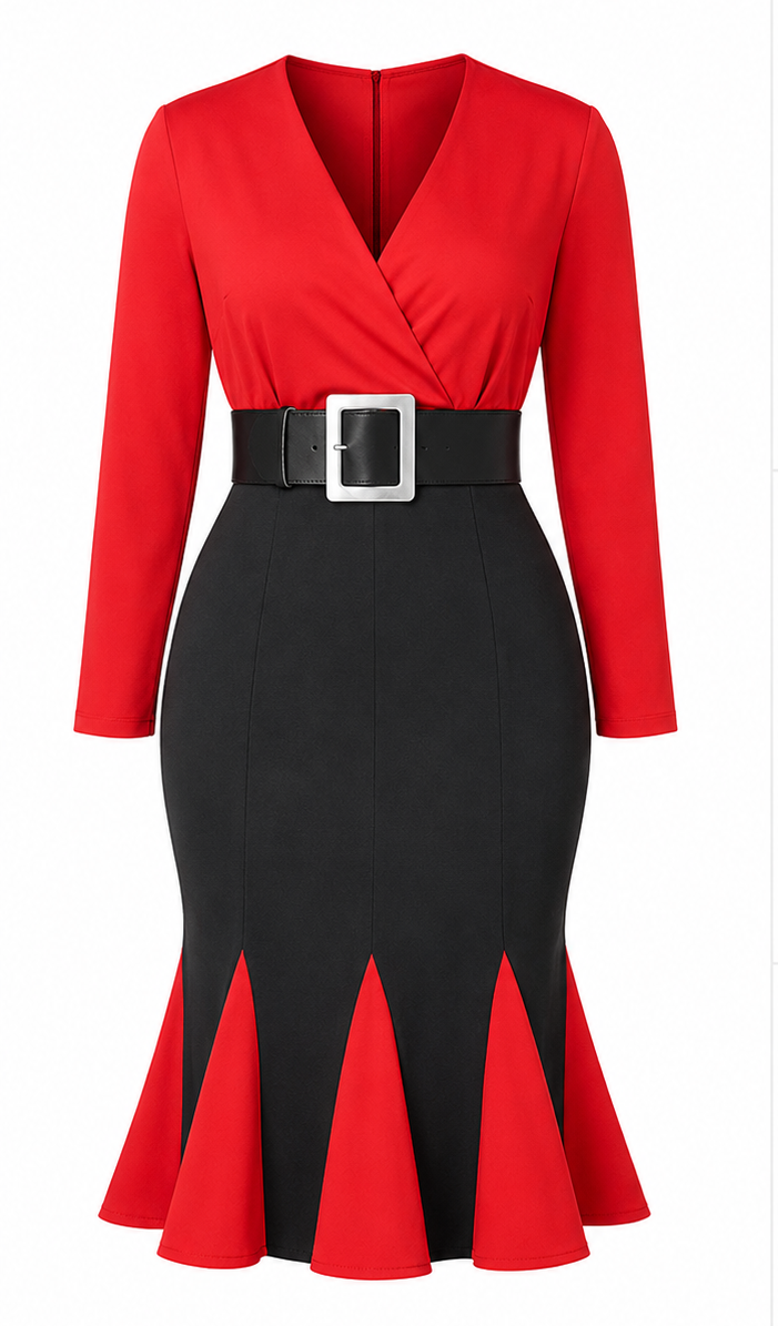 Two-Tone Colorblock Mermaid Dress – Red & Black