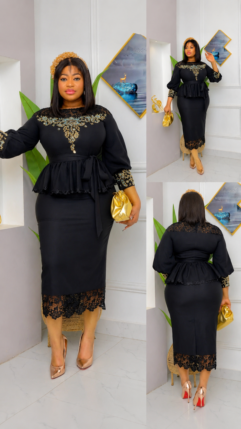 Elegant Embroidered Peplum & Lace MIDI Dress Set