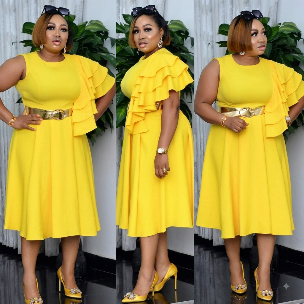RUFFLED ONE-SHOULDER MIDI DRESS WITH BELT