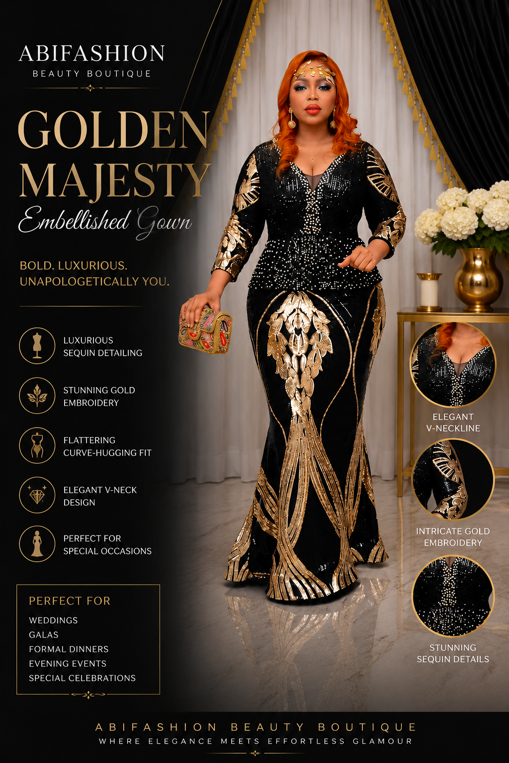 Elegant Black & Gold Luxury Dress