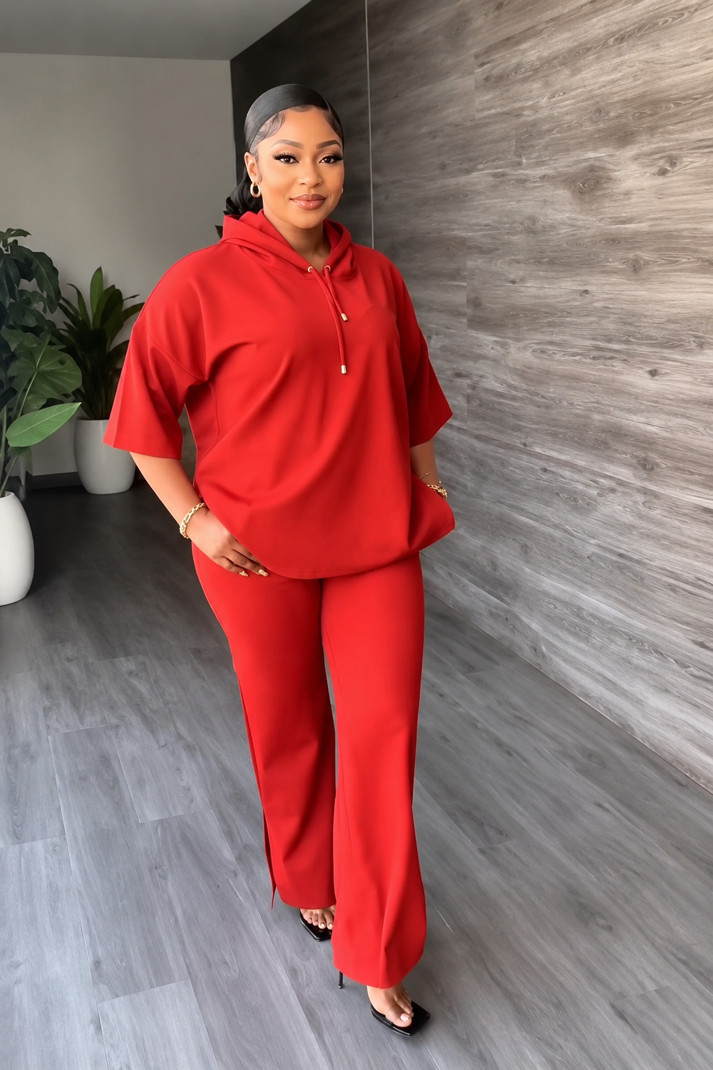 Red Statement Hoodie & Wide-Leg Pant Set