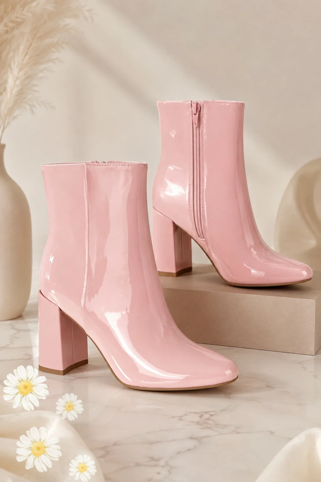 Blush Pink Patent Ankle Boots