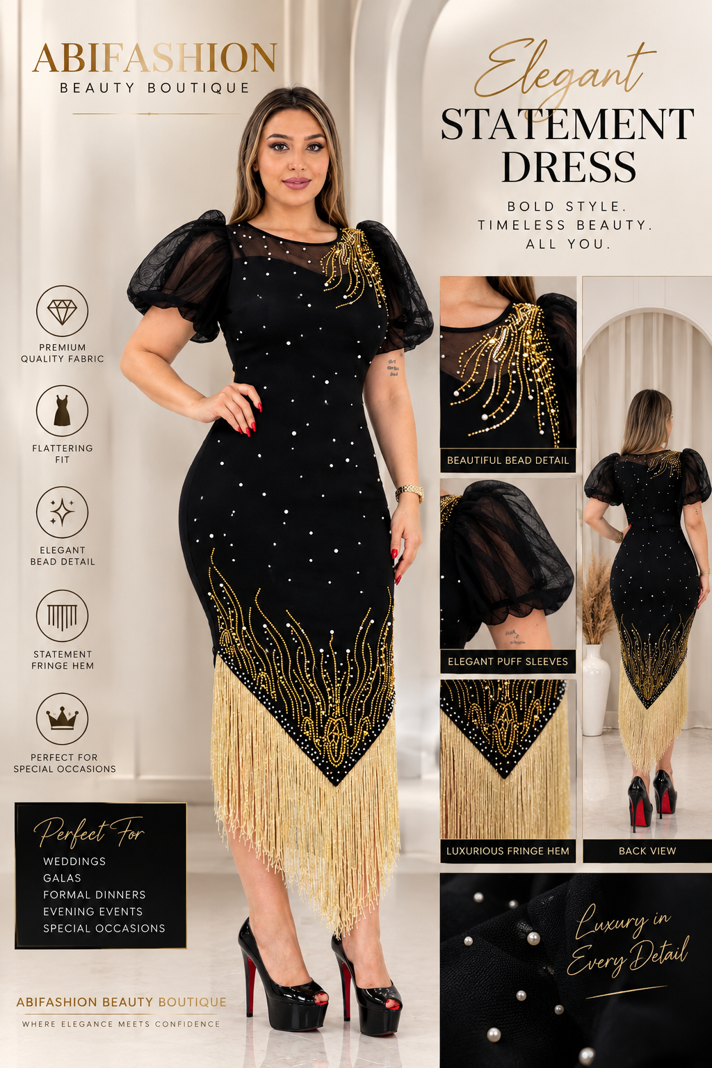 Elegant Black & Gold Fringe Statement Dress