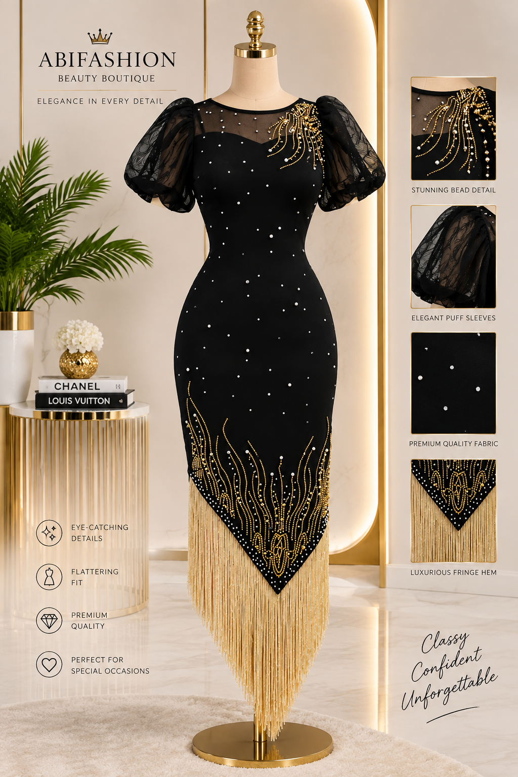 Elegant Black & Gold Fringe Statement Dress
