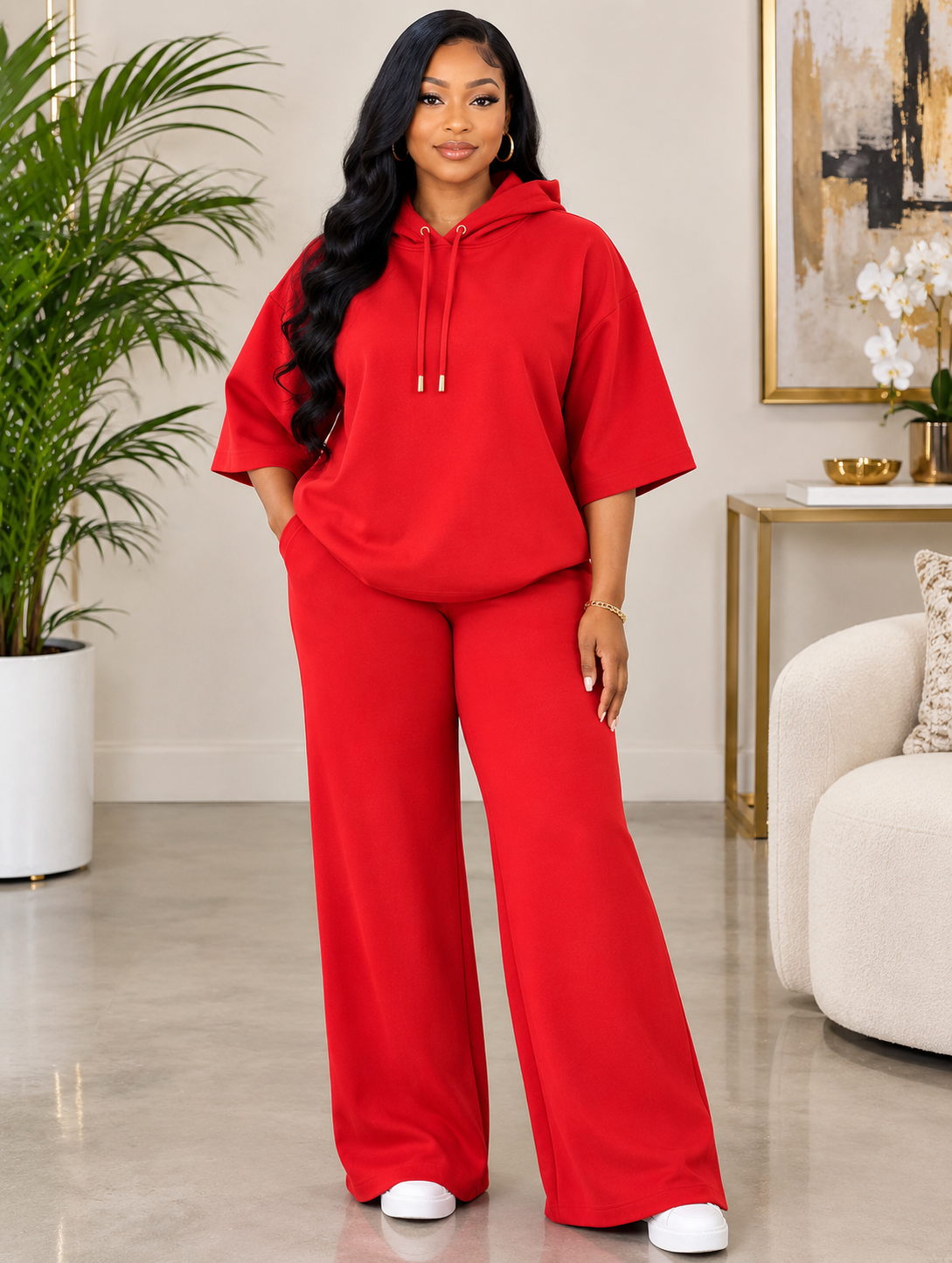 Red Statement Hoodie & Wide-Leg Pant Set