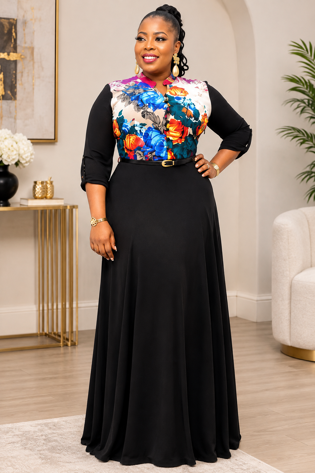 Floral Printed Bodice Elegant Black Maxi Dress with Belt