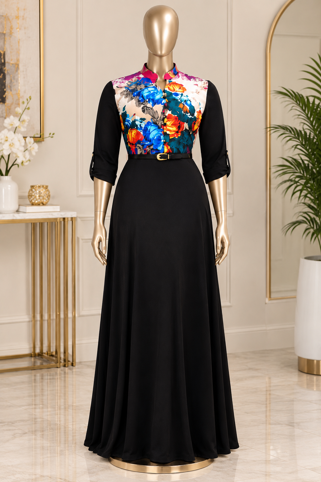 Floral Printed Bodice Elegant Black Maxi Dress with Belt