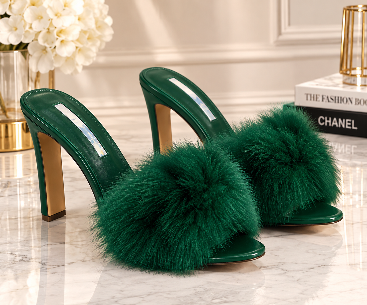 Emerald Green Fur Mules