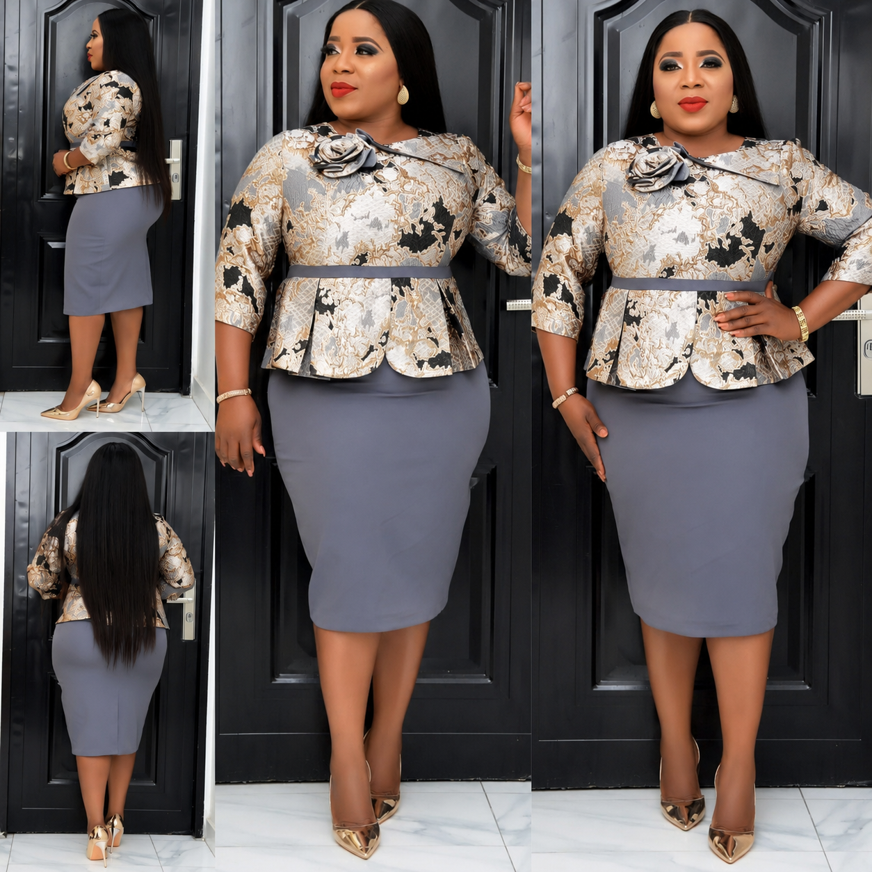 Elegant Metallic Peplum Midi Dress