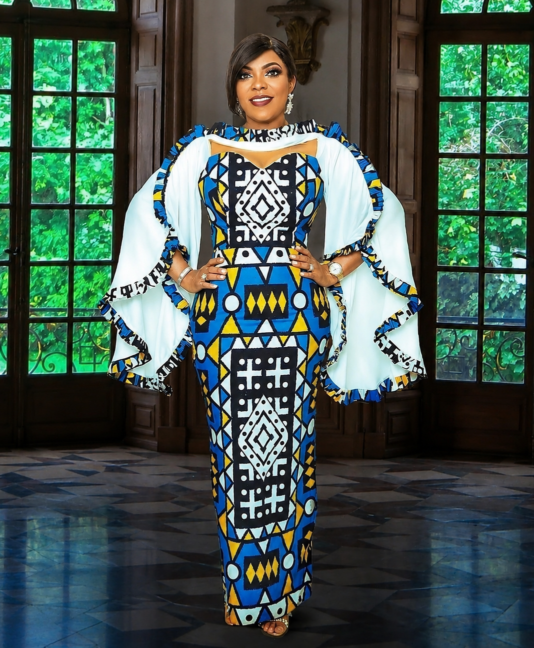 Elegant Geometric Cape Sleeve Maxi Dress
