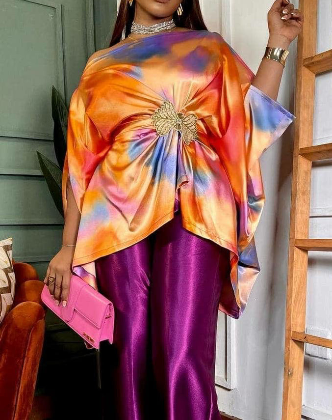 Vibrant Watercolor Kaftan Top & Wide-Leg Pants Set