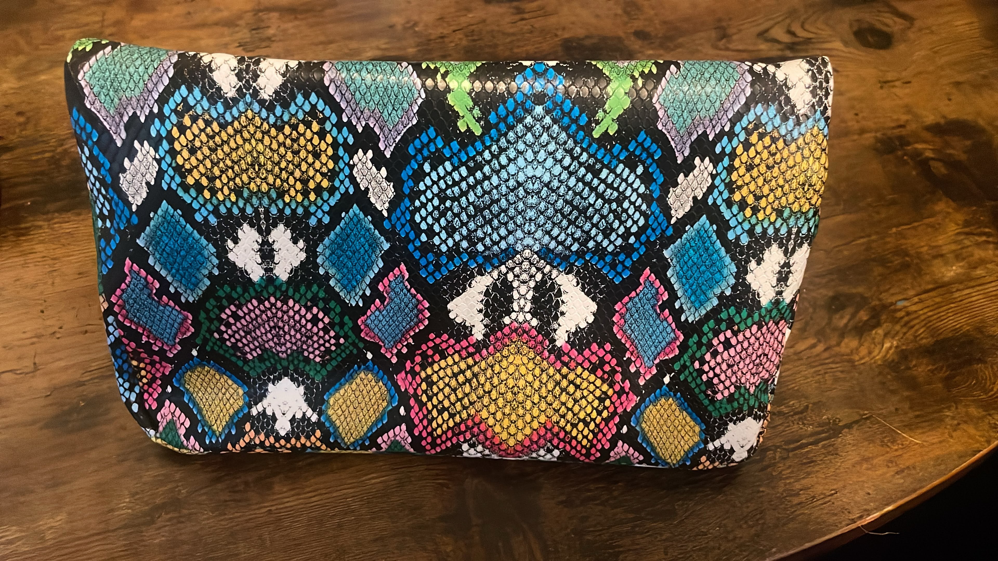 Vibrant Multi-Color Faux Snakeskin Statement Set – Peep-Toe Mules & Matching Foldover Clutch