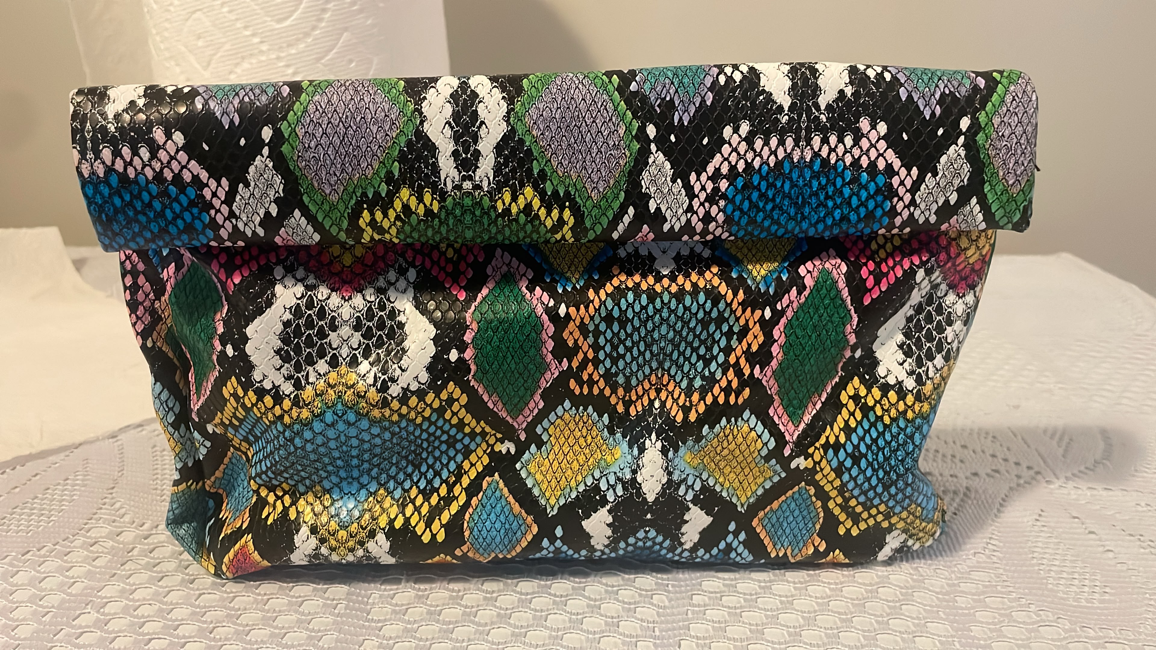 Vibrant Multi-Color Faux Snakeskin Statement Set – Peep-Toe Mules & Matching Foldover Clutch