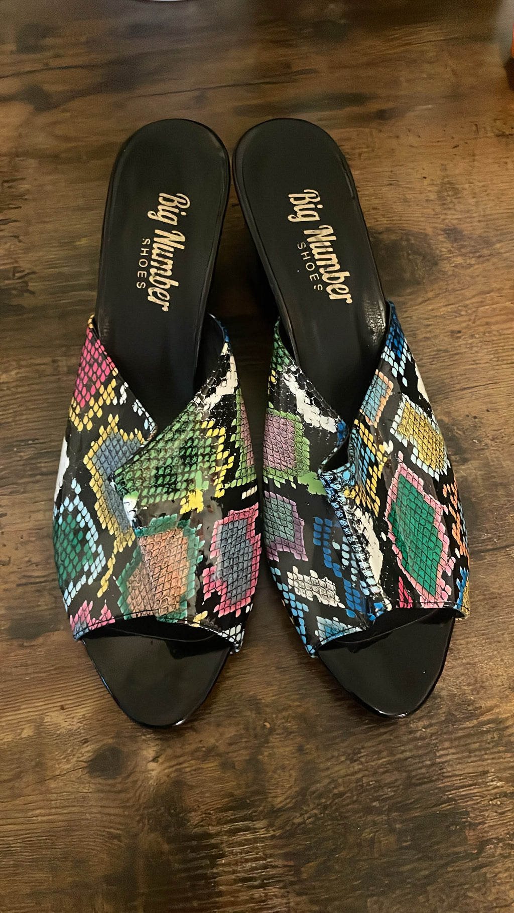 Vibrant Multi-Color Faux Snakeskin Statement Set – Peep-Toe Mules & Matching Foldover Clutch