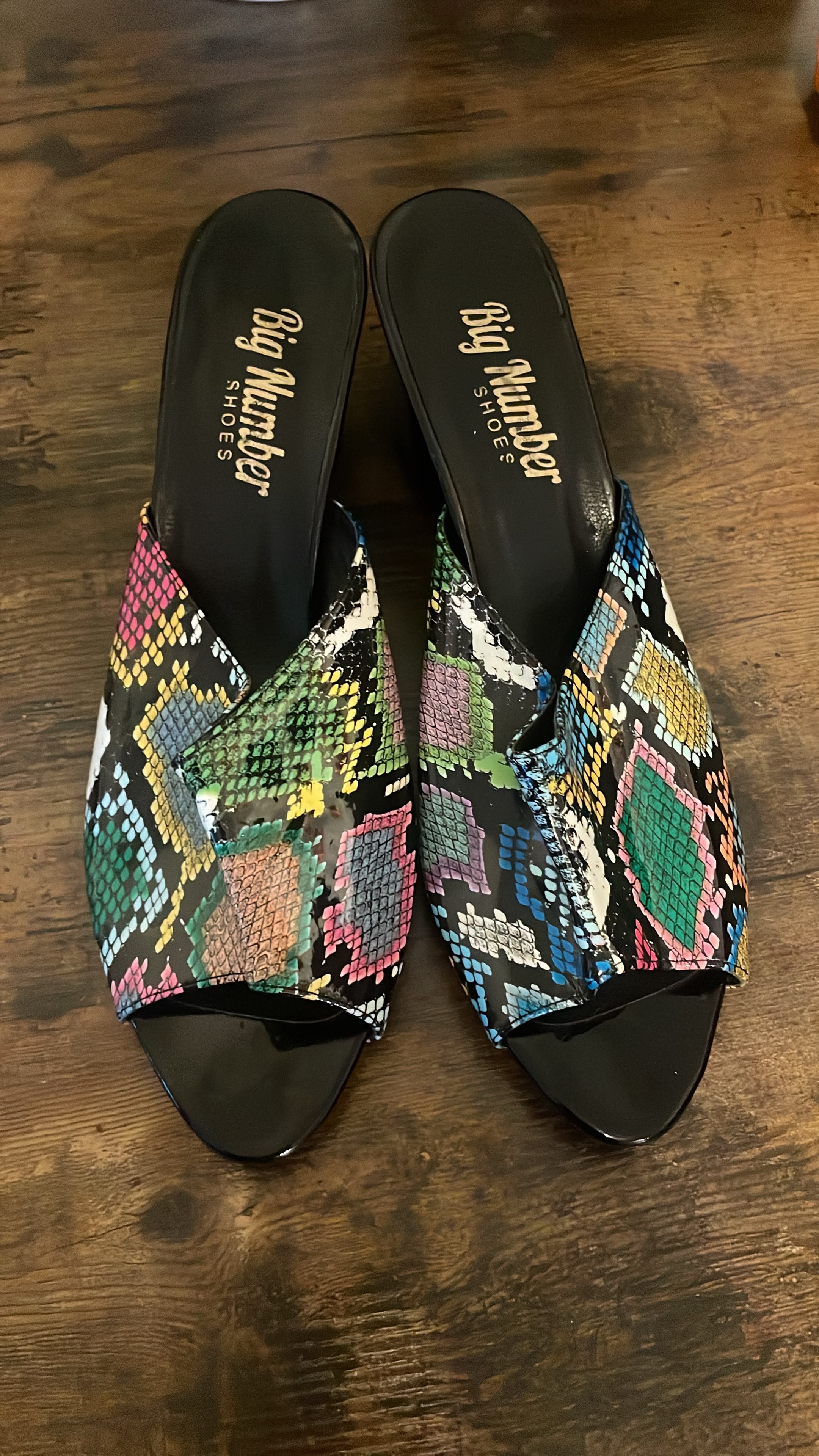 Vibrant Multi-Color Faux Snakeskin Statement Set – Peep-Toe Mules & Matching Foldover Clutch