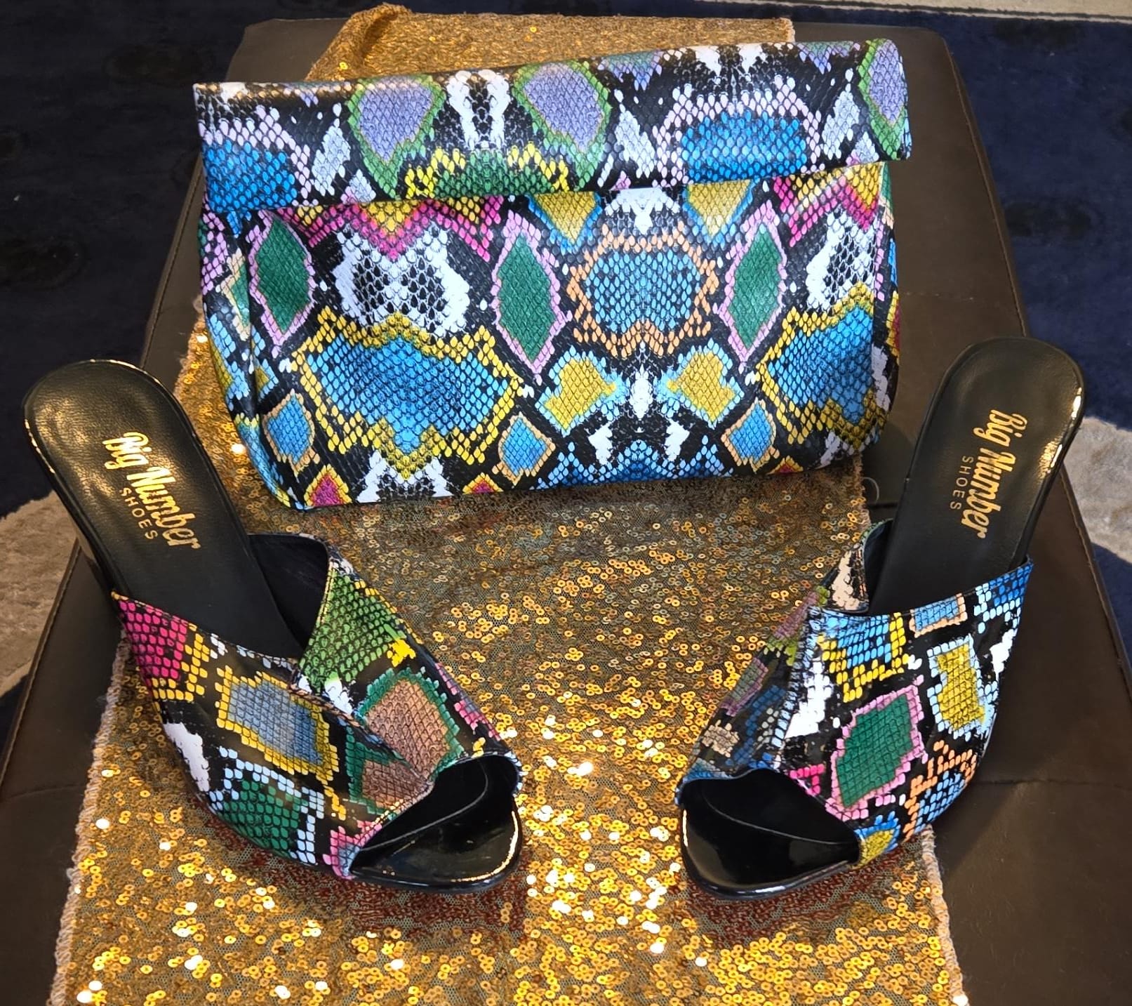 Vibrant Multi-Color Faux Snakeskin Statement Set – Peep-Toe Mules & Matching Foldover Clutch