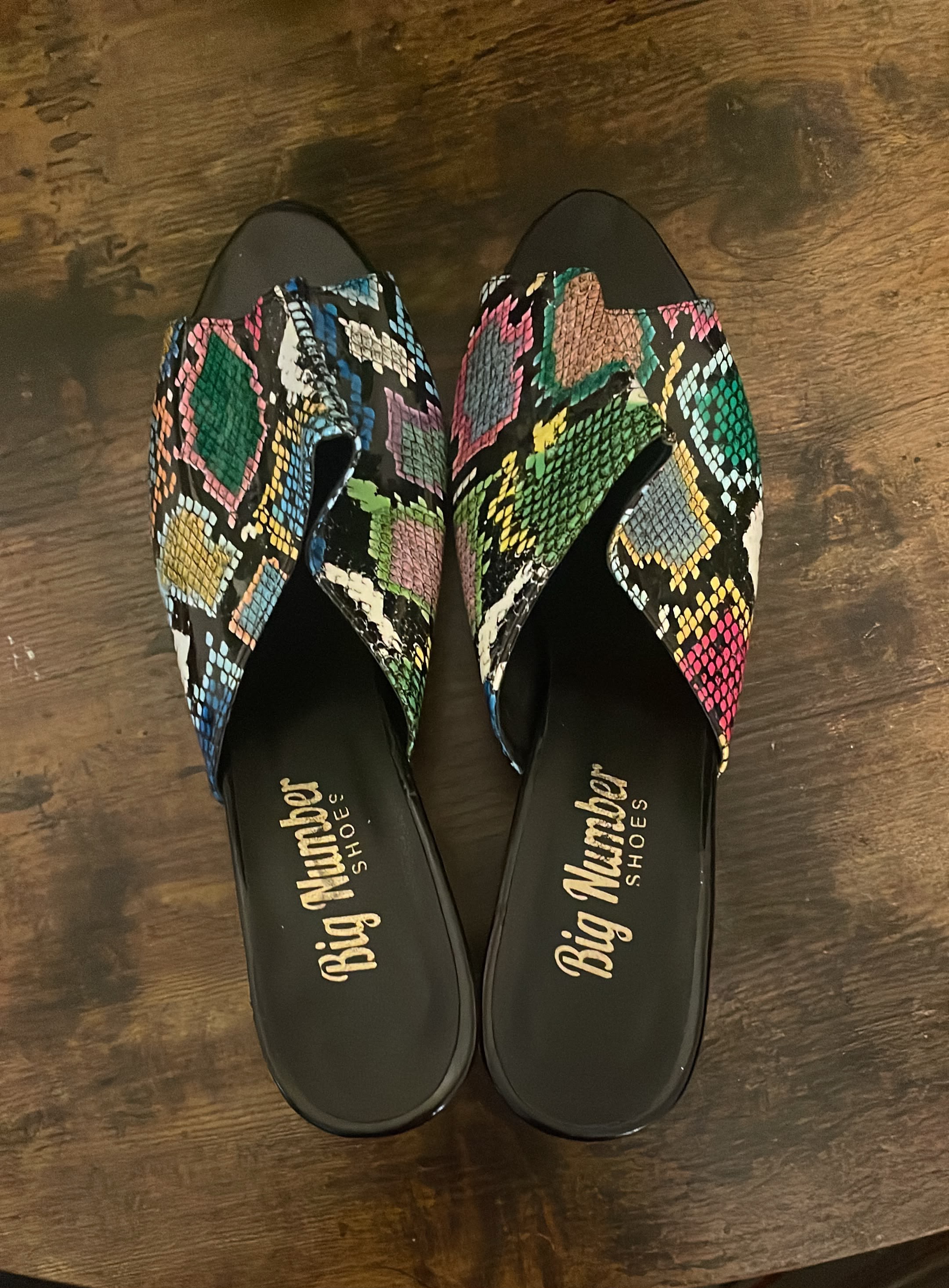 Vibrant Multi-Color Faux Snakeskin Statement Set – Peep-Toe Mules & Matching Foldover Clutch