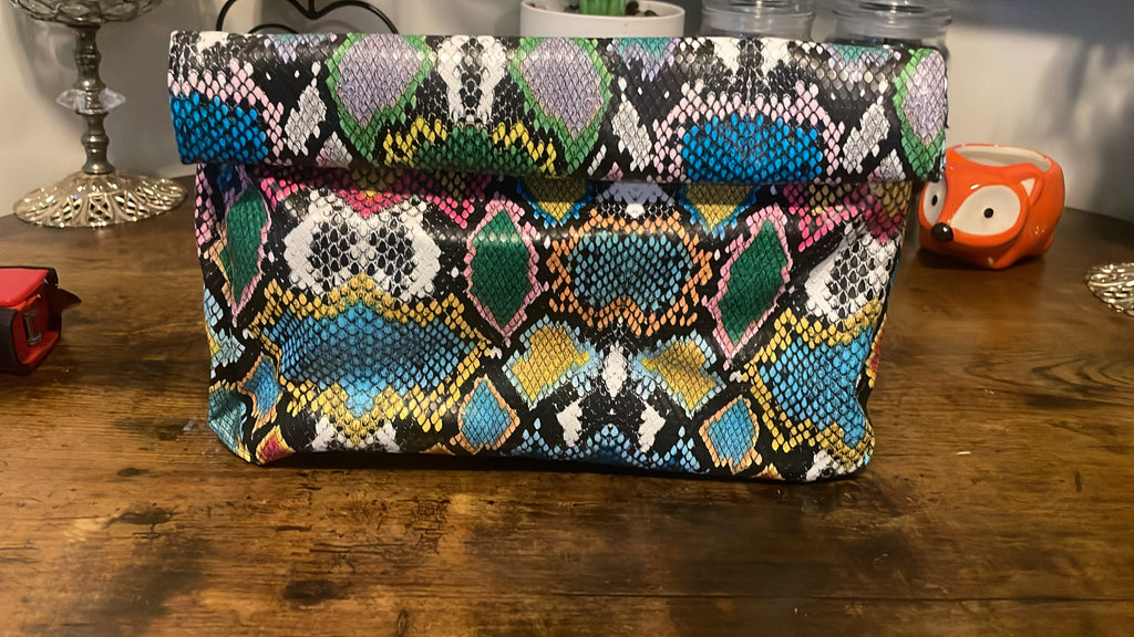 Vibrant Multi-Color Faux Snakeskin Statement Set – Peep-Toe Mules & Matching Foldover Clutch